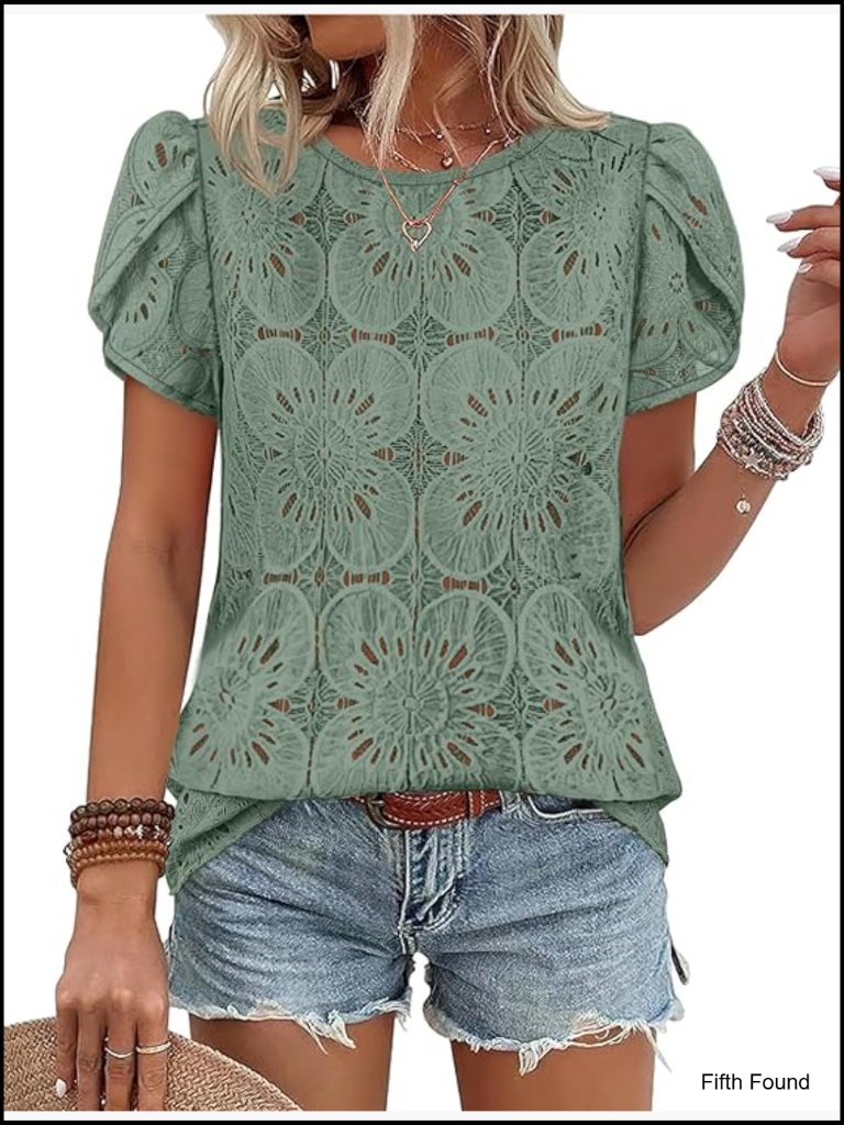 Women's Crochet Lace Blouse Boho Tunic Petal Sleeve Top Casual
